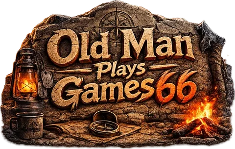 Old Man Plays Games66 logo carved into a stone sign with a lantern and campfire